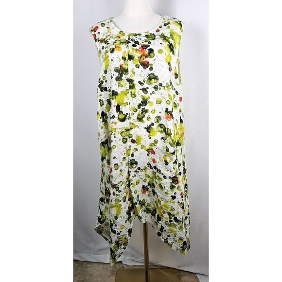 Grizas Green Splash Linen Sleeveless Dress XL Asymmetrical Hem Midi Lagenlook - Picture 1 of 9